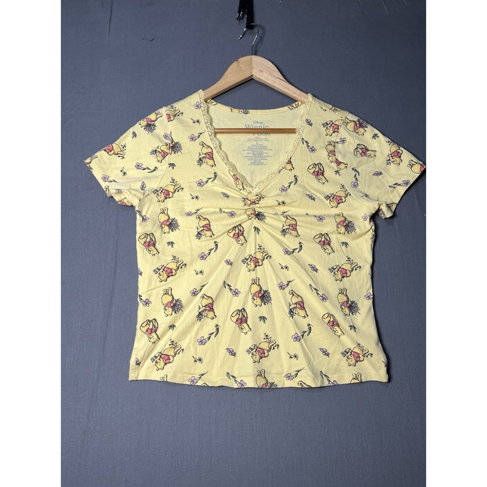 Disney Winnie the Pooh Pajama Top Yellow Short Sleeve Sleep Shirt Womens Large